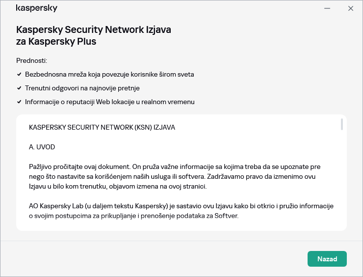 Prozor prihvatanja Kaspersky Security Network Izjave