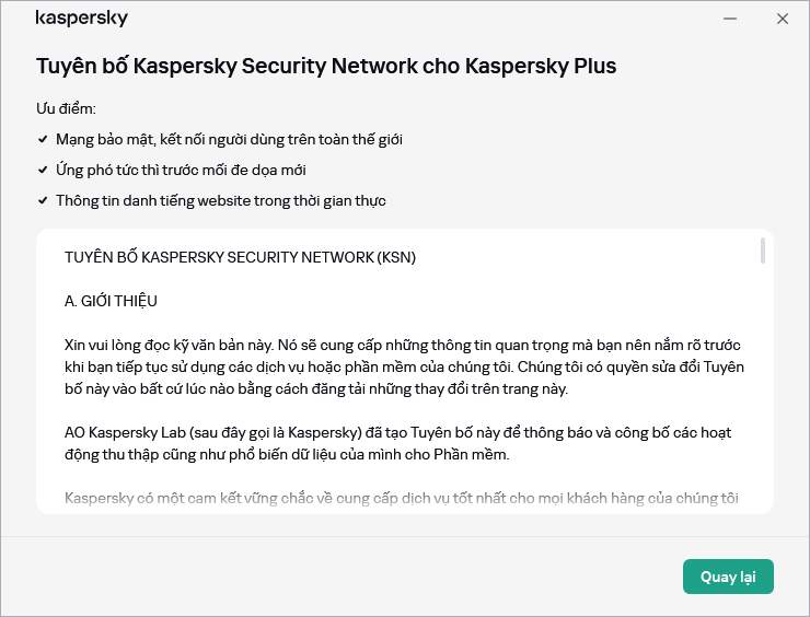 Cửa sổ chấp nhận Tuyên bố Kaspersky Security Network