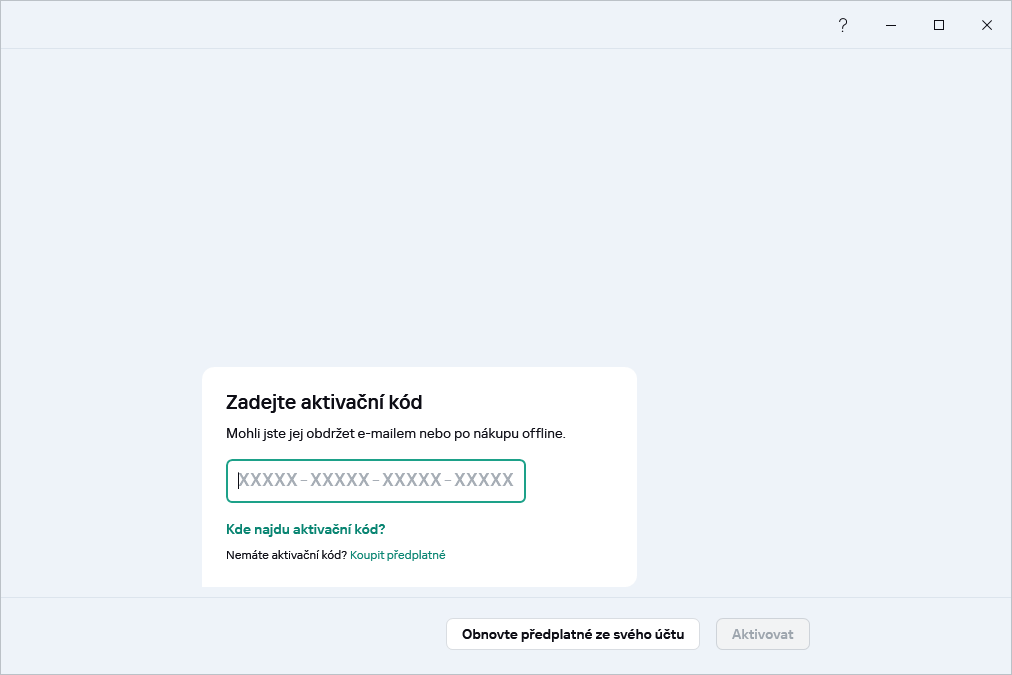 Krok, kde můžete zadat svůj aktivační kód