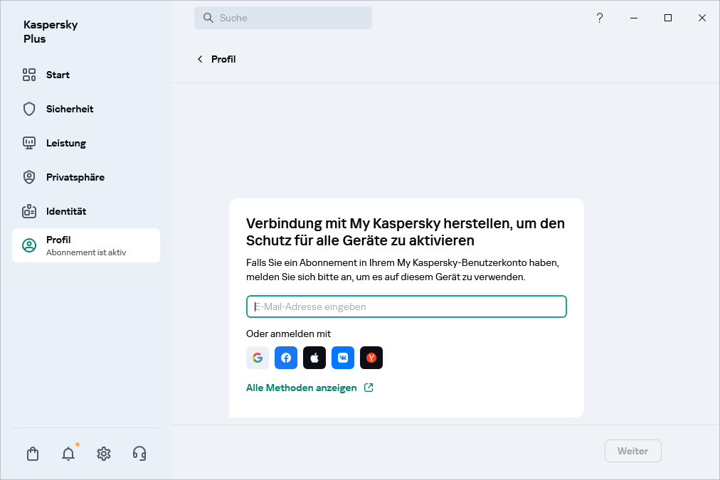 Schritt zum Herstellen einer Verbindung mit My Kaspersky