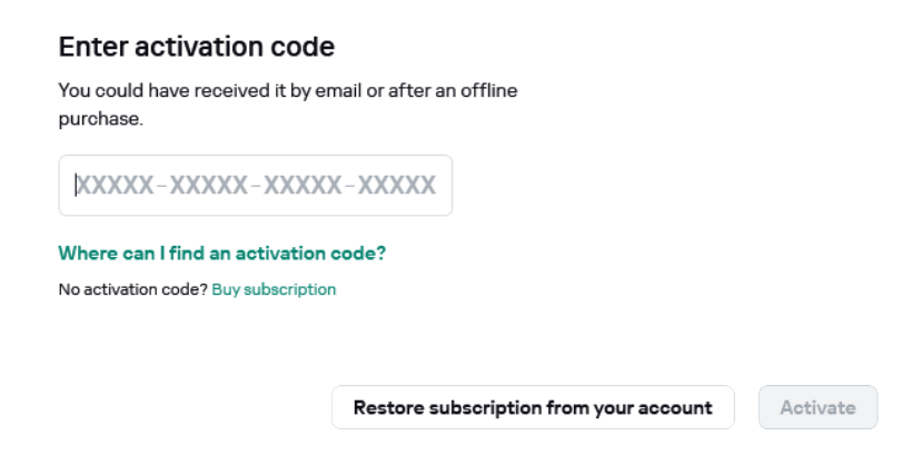 Step where you can enter your activation code