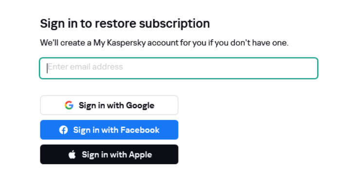 Step where you can sign in to My Kaspersky to restore your subscription