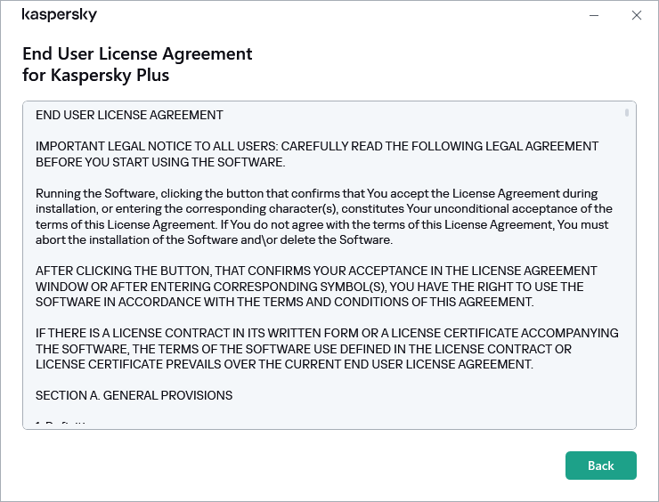 Window containing the text of the End User License Agreement