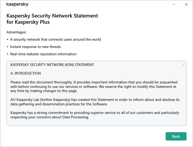 The Kaspersky Security Network Statement acceptance window