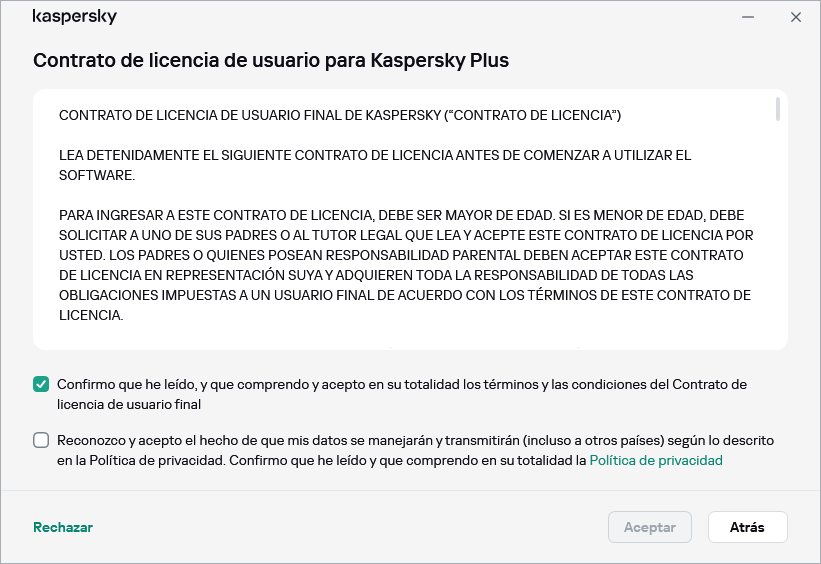 La ventana de aceptación del contrato de licencia del GDPR