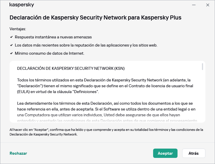 La ventana de aceptación de la Declaración de Kaspersky Security Network de GDPR