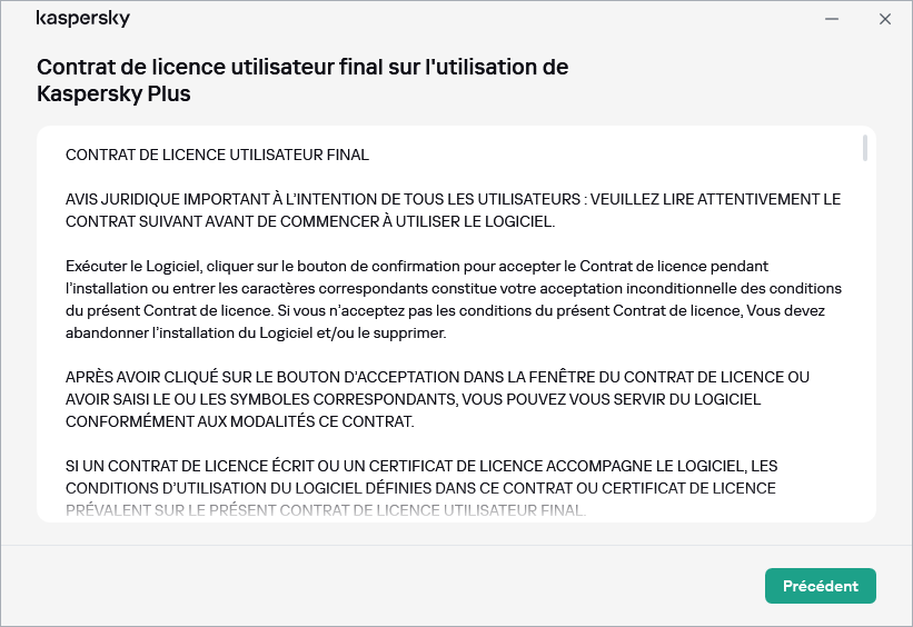 Fenêtre contenant le texte du Contrat de licence utilisateur final