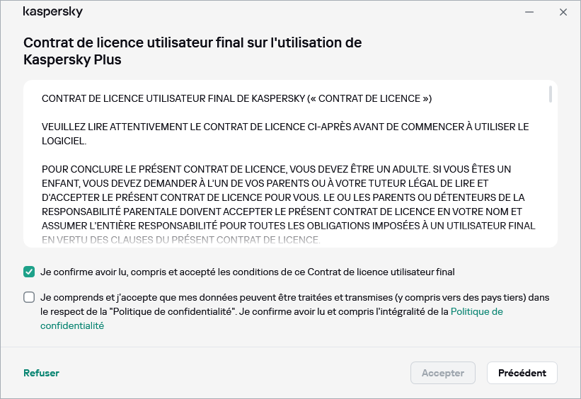La fenêtre d'acceptation du contrat de licence RGPD