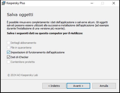 Finestra per il salvataggio delle impostazioni durante la disinstallazione di un'applicazione