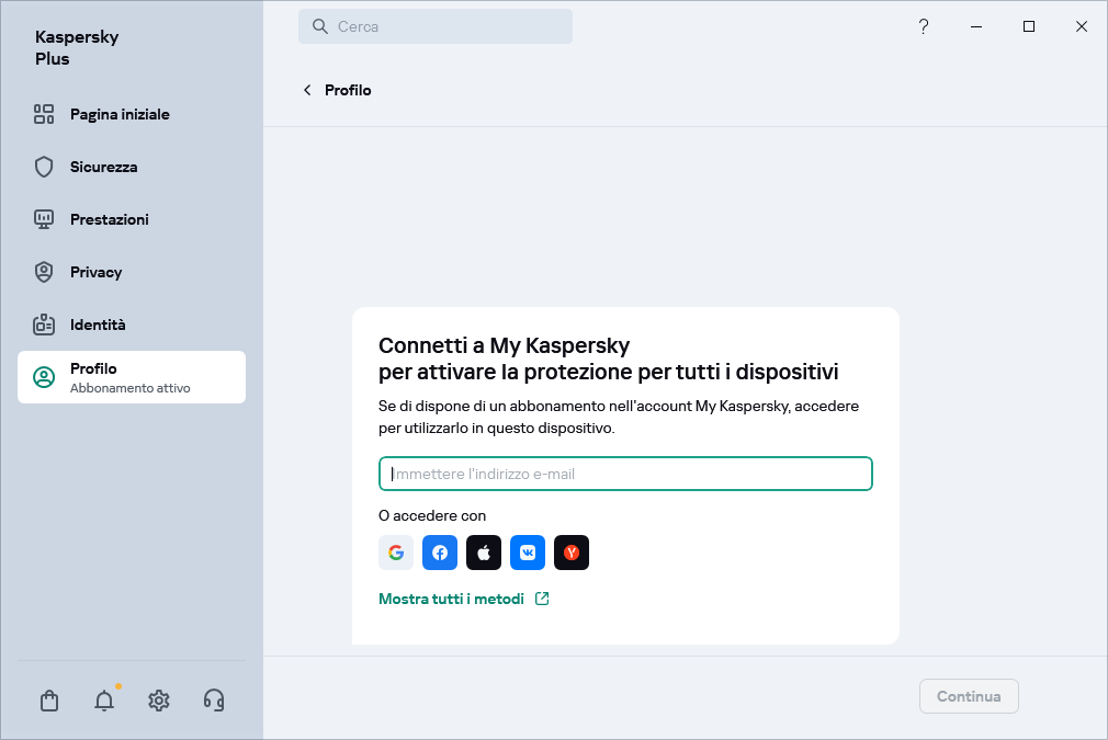 Passaggio in cui è possibile connettersi a My Kaspersky