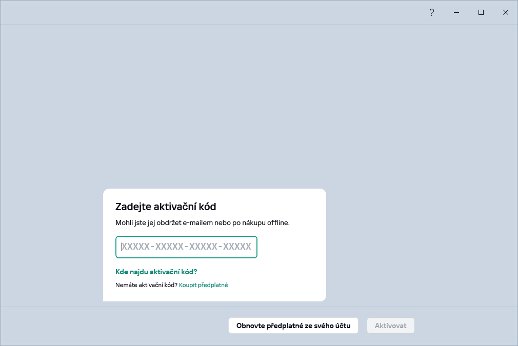 Krok, kde můžete zadat svůj aktivační kód
