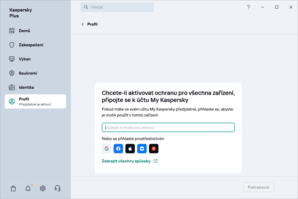 Krok, kde se můžete připojit k účtu My Kaspersky