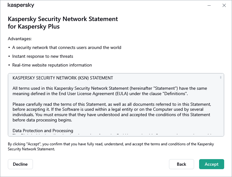 The GDPR Kaspersky Security Network Statement acceptance window