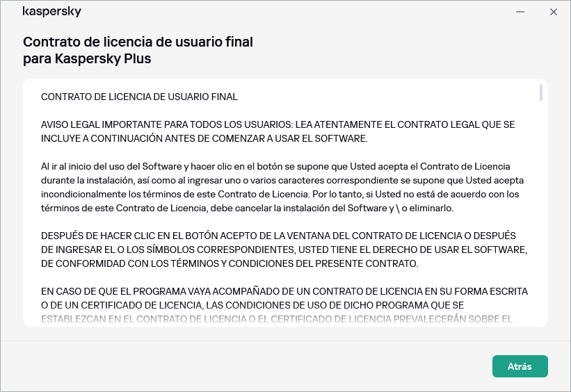 Ventana que contiene el texto del Contrato de licencia de usuario final