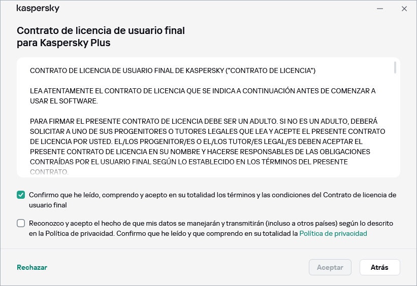 La ventana de aceptación del acuerdo de licencia de GDPR