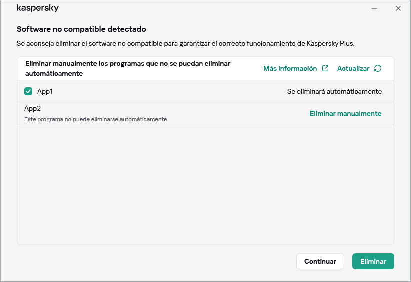 Ventana con la lista de aplicaciones incompatibles