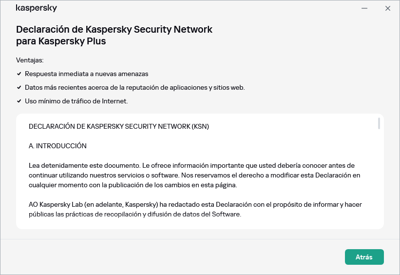 Ventana de aceptación de la declaración de Kaspersky Security Network.
