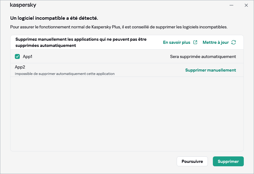 Fenêtre avec la liste des applications incompatibles