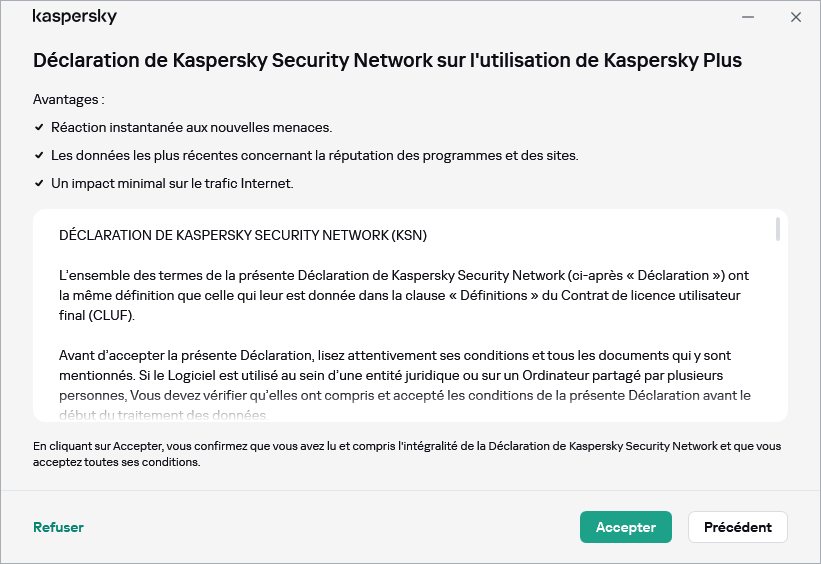 La fenêtre d'acceptation de la Déclaration RGPD de Kaspersky Security Network