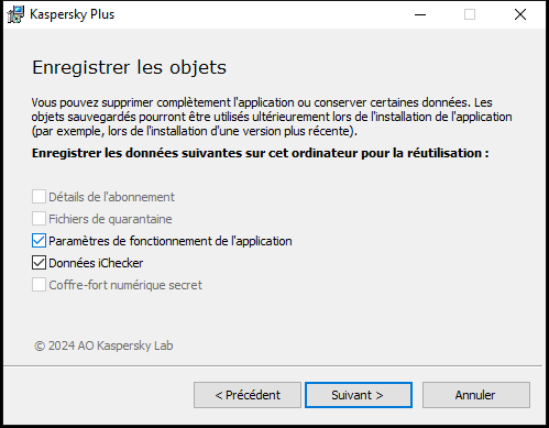Fenêtre d'enregistrement des paramètres lors de la désinstallation d'une application