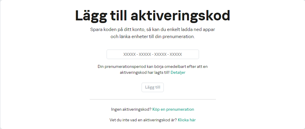 Fönster för att lägga till en aktiveringskod till ditt konto