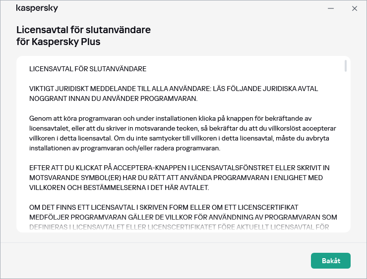 Fönstret innehåller texten i licensavtalet för slutanvändare