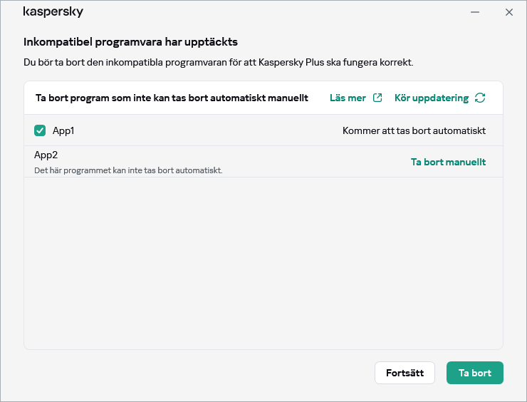 Fönster med listan över inkompatibla program