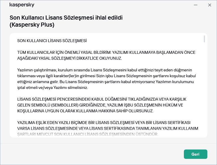 Son Kullanıcı Lisans Sözleşmesi metnini içeren pencere