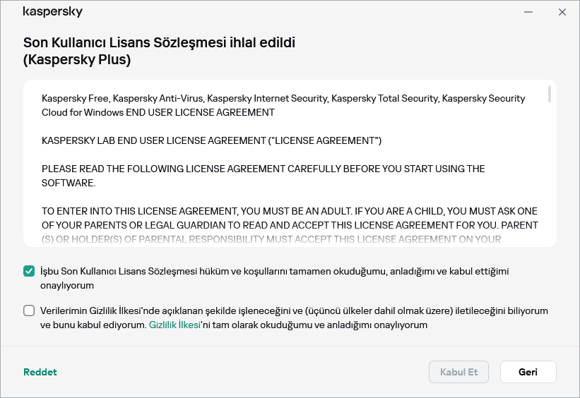 GDPR lisans sözleşmesi kabul penceresi