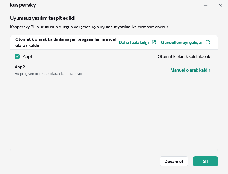 Uyumsuz uygulamaların listesini içeren pencere