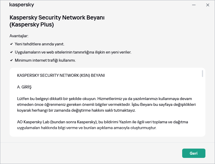 Kaspersky Security Network Bildirimi kabul penceresi açılır