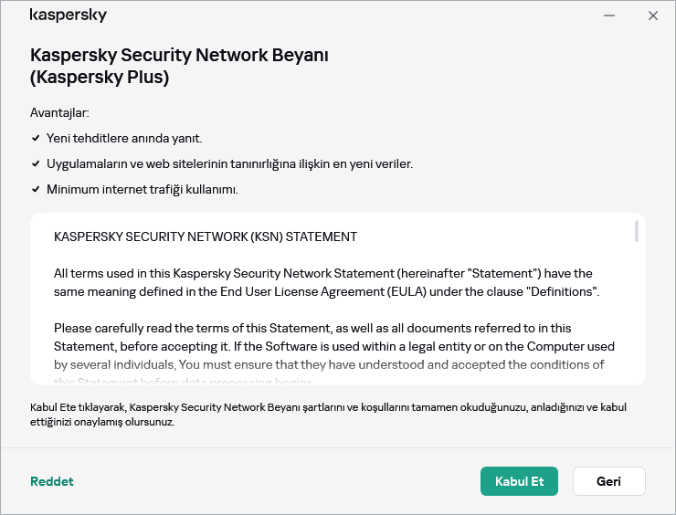 GDPR Kaspersky Security Network Bildirimi kabul penceresi