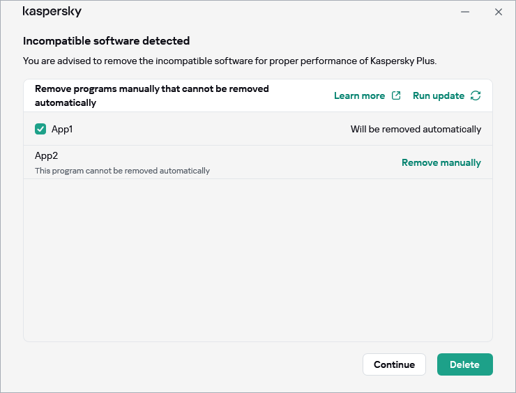 Window with the list of incompatible applications
