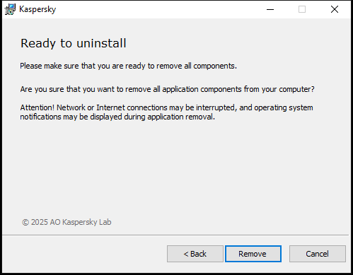 Window for confirming the removal of the application