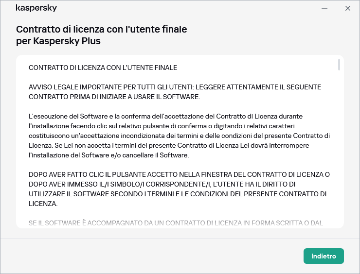 Finestra che contiene il testo del Contratto di licenza con l'utente finale