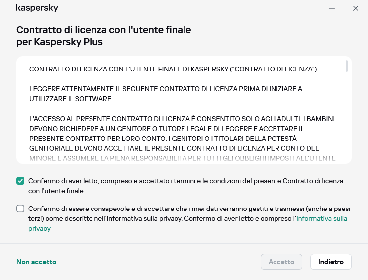 Finestra di accettazione del contratto di licenza GDPR