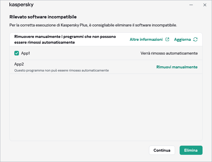 Finestra con l'elenco delle applicazioni non compatibili
