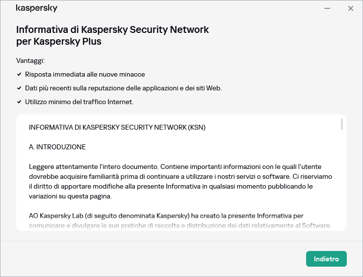 Finestra di accettazione dell'Informativa di Kaspersky Security Network