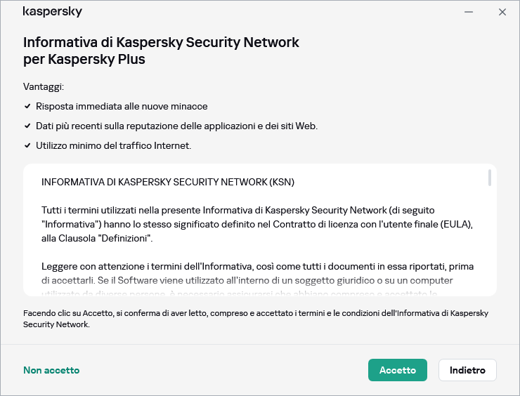 Finestra di accettazione dell'Informativa di Kaspersky Security Network GDPR