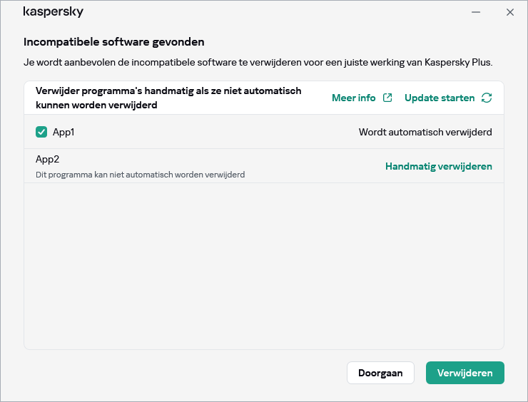 Venster met de lijst met incompatibele programma's