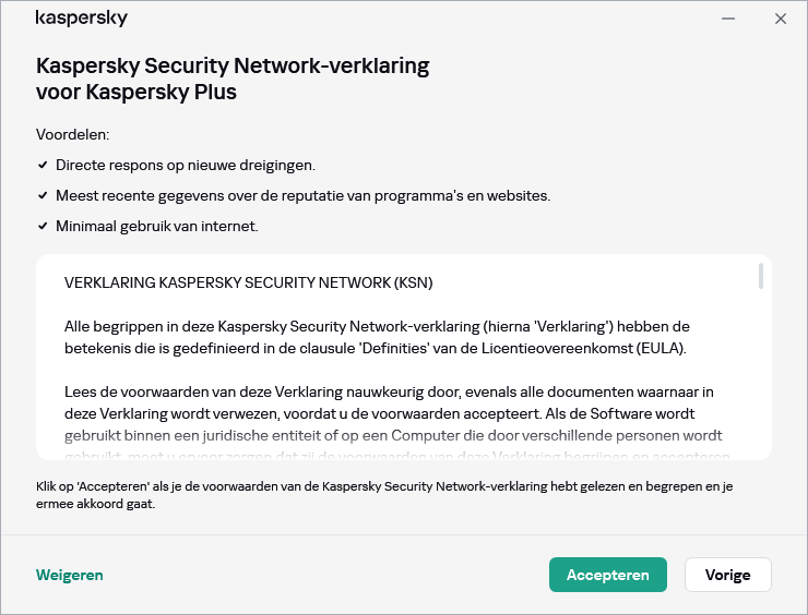 Het venster voor het aanvaarden van de AVG-verklaring van Kaspersky Security Network