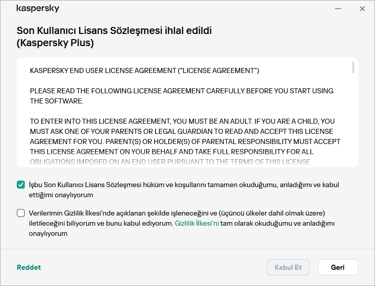 GDPR lisans sözleşmesi kabul penceresi