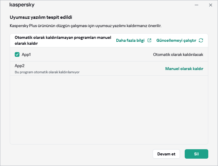 Uyumsuz uygulamaların listesini içeren pencere
