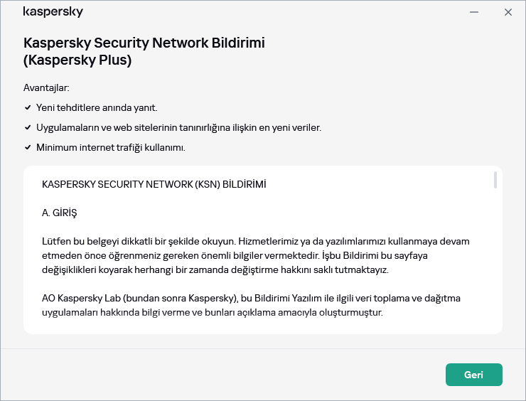 Kaspersky Security Network Bildirimi kabul penceresi açılır