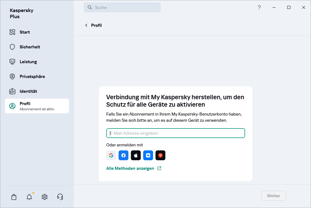 Schritt zum Herstellen einer Verbindung mit My Kaspersky