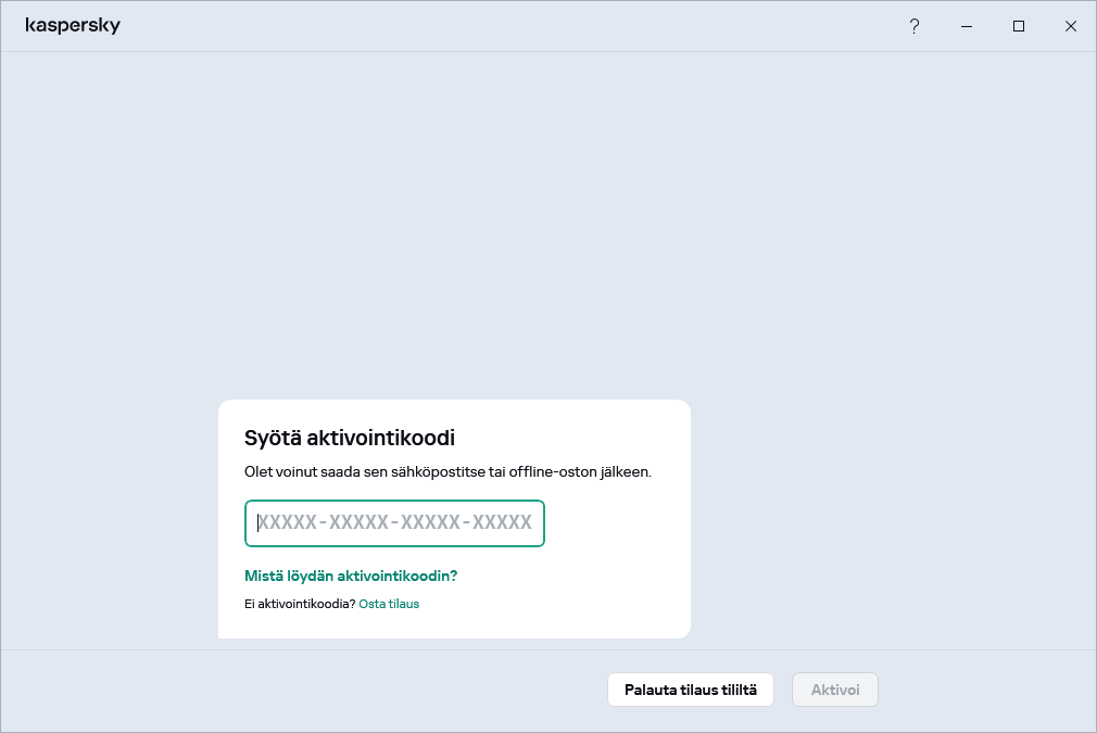 Vaihe, jossa voit syöttää aktivointikoodisi