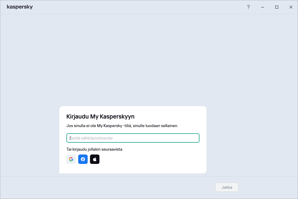 Vaihe, jossa voit kirjautua My Kasperskyyn palauttaaksesi tilauksesi