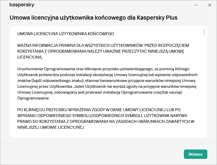 To okno wyświetla treść Umowy licencyjnej użytkownika końcowego