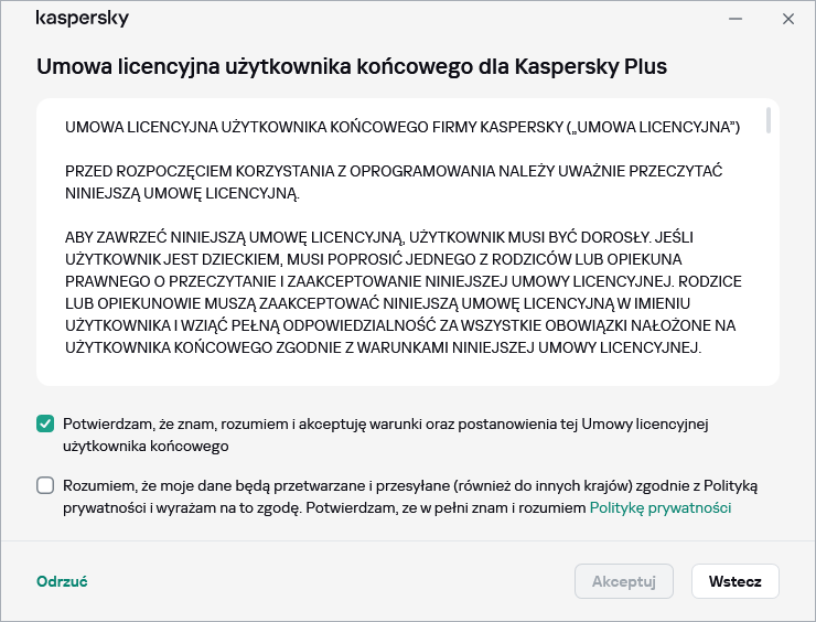 Okno akceptacji umowy licencyjnej RODO