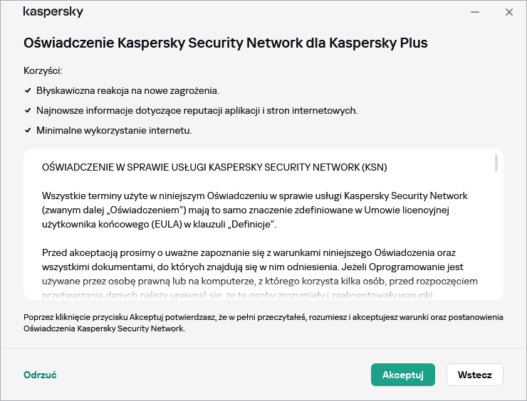 Okno akceptacji umowy Oświadczenia Kaspersky Security Network ws. RODO
